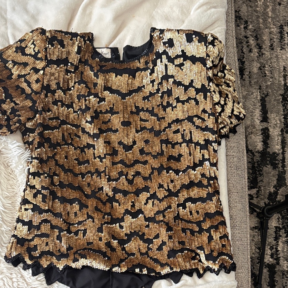 Laurence Kazar Gold and Black Sequin Blouse